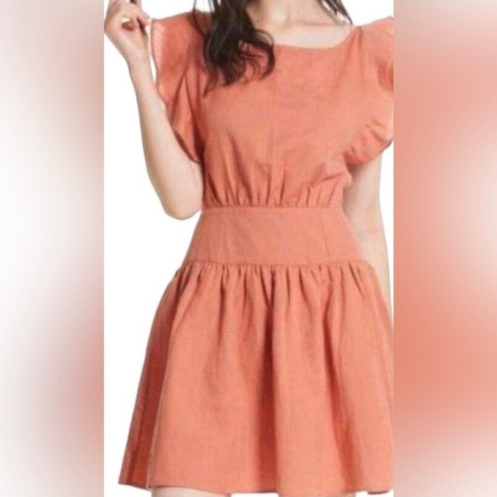 Free People Terracotta Cotton Linen Ruffle Open Back Tie Mini Dress Size Medium